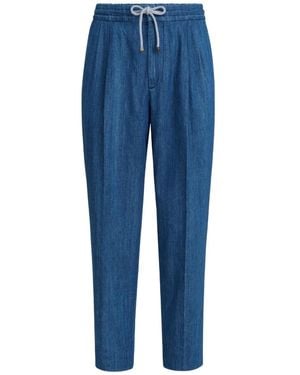 Brunello Cucinelli Lightweight Denim Trousers With Drawstring And Double Pleats - Blue