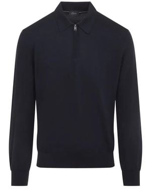 Brioni Midnight Wool Long Sleeves Zip Polo - Blue