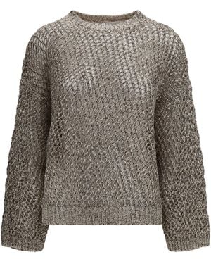 Brunello Cucinelli Dazzling Chiné Silk And Linen Open-Knit Sweater - Gray
