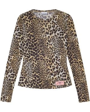Ganni Leopard Printed Mesh Long-Sleeve Blouse - Brown