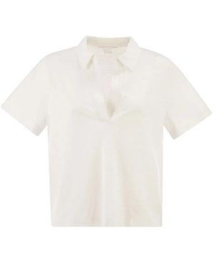 Majestic Cropped Linen Stretch Polo With V-Neck - White