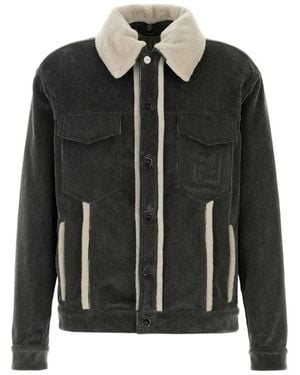 Fendi Faded Stonewash Treatment Corduroy Blouson With Sheepskin Trim Removable Collar - Black
