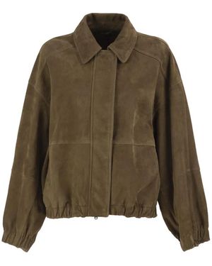 Brunello Cucinelli Couture Suede Zip-Up Jacket Featuring Elasticated Trim And A Monili Zipper Pull - Green