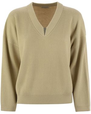 Brunello Cucinelli Cotton Rib Jumper With Shiny Detail - Green