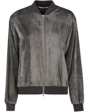 Peserico Stretch Corded Velvet Bomber Jacket With Silk Details - Gray
