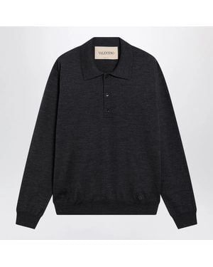 Valentino Wool Polo Shirt With Vlogo Embroidery - Black