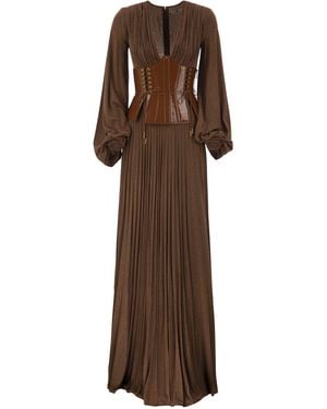 Elisabetta Franchi Long Pleated Dress With Bustier - Brown