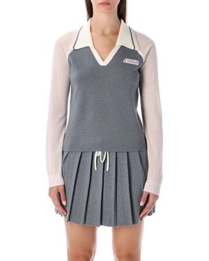 CASABLANCA Merino Lurex Long-Sleeve Tennis Polo - Grey
