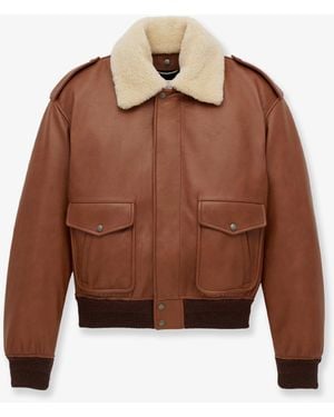 Saint Laurent Leather Bomber Jacket With Shearling Collar - Brown
