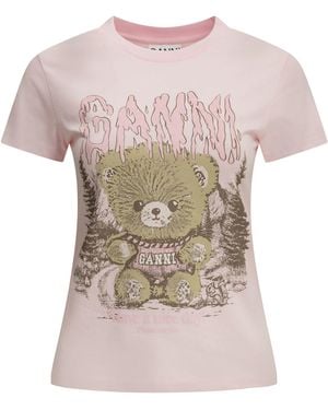 Ganni "Forest Teddy" Crew-Neck T-Shirt - Pink