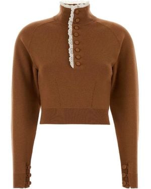 Chloé Lace-Trim Button-Up Sweater - Brown
