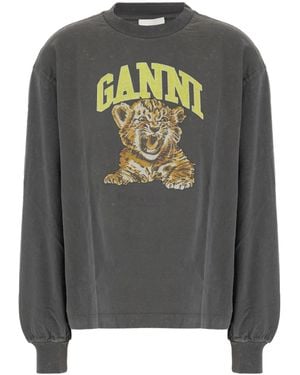 Ganni Long-Sleeve Tiger-Print T-Shirt - Gray