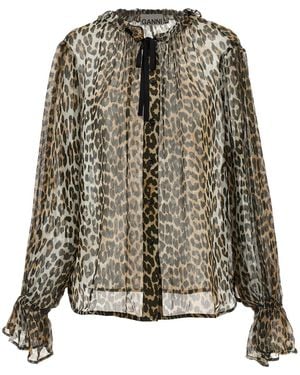 Ganni 'Leopard Print Chiffon Tie String' Shirt - Multicolour