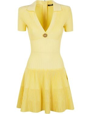 Balmain Short Sleeves "Flechage" Knit Flare Short Dress - Yellow