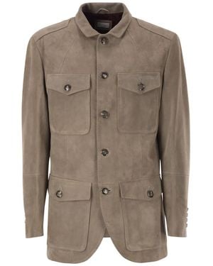 Brunello Cucinelli Suede Leather Safari Jacket With Patch Pockets - Brown