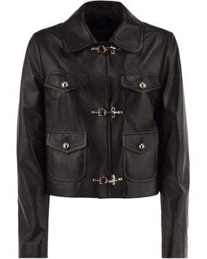 Fay Cropped Genuine Leather Jacket With Hooks - Black