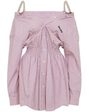 Miu Miu Elasticated Waistband Striped Shirt Mini Dress - Purple
