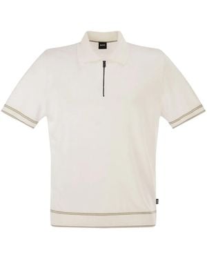 BOSS Linen And Viscose Polo Shirt With Zip And Contrast Trims - White