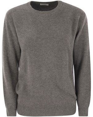 Brunello Cucinelli English Rib Cashmere Sweater With Monile - Gray