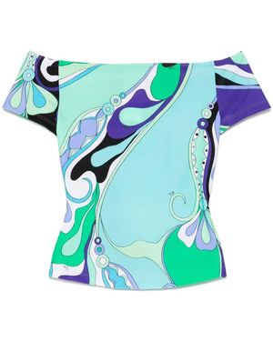 Emilio Pucci Orchidee-Print Off-Shoulder Top - Blue
