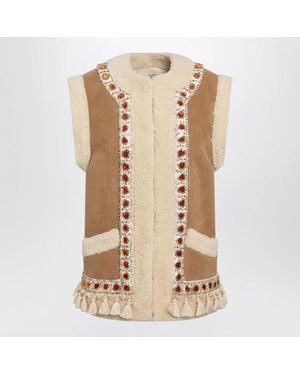 Valentino Garavani Camel Shearling And Suede Vest - Natural