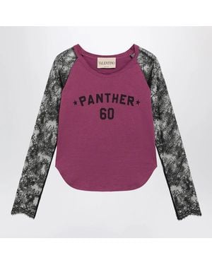 Valentino Garavani Cyclamen Panther 60 Tshirt With Lace Sleeves - Purple