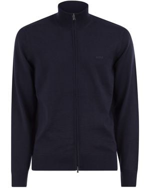 BOSS Pure Virgin Wool Zip-Up Cardigan - Blue
