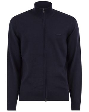 BOSS Pure Virgin Wool Zip-Up Cardigan - Blue