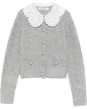 Self-Portrait Broderie Anglaise Collar Cardigan - Grey