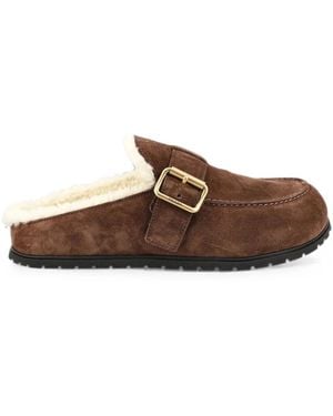 Prada Suede Shearling Mules - Brown