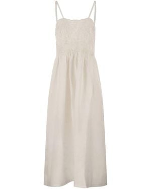 Maurizio Mykonos Long Linen Dress With Embroidered Bodice And Slim Straps - White