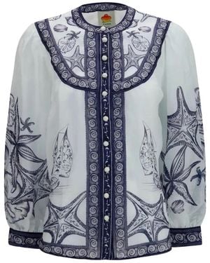 FARM Rio "Coast Scarf" Off- Long Sleeve Blouse - Blue