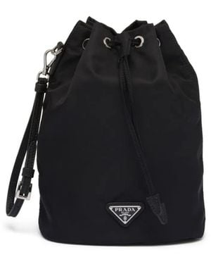 Prada Logo-Plaque Drawstring Tote Bag - Black