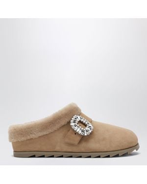Roger Vivier Tobacco Suede Belle Vivier Buckle Mules - Natural