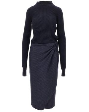Pinko Knitted Midi Skirt With Pinstriped Skirt - Blue