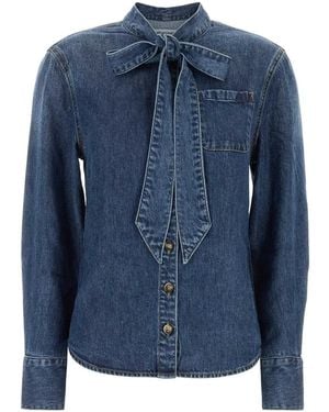 Self-Portrait Self Portrait Denim Tie Neck Shirt - Blue
