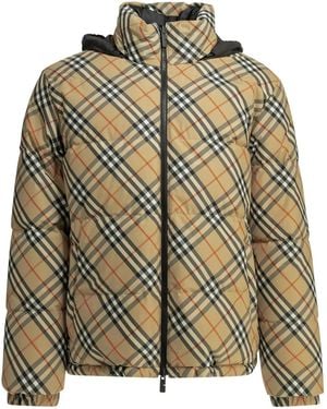 Burberry "Snowdon Check Reversible" Short Down Jacket - Natural
