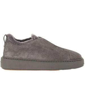 Santoni Slip-On Suede Sneakers With Fur - Gray