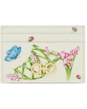 Ferragamo Gancini Card Holder With Floral Print - White