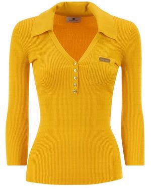 Elisabetta Franchi Micro-Cable Knit Polo Shirt - Yellow