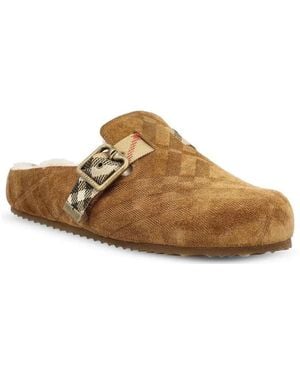 Burberry Suede Check Mules - Brown