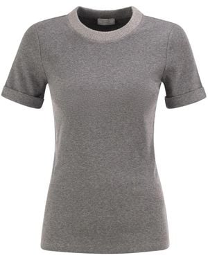 Peserico Stretch Cotton Jersey T-Shirt With Lamé Knit Neckline - Gray