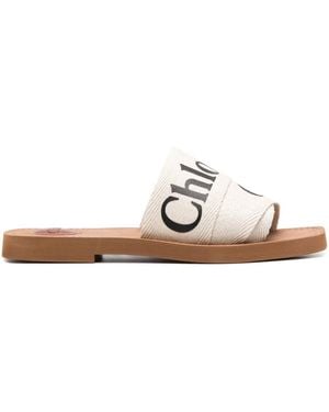 Chloé Ivory Linen Woody Slippers - White