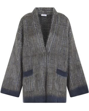Brunello Cucinelli Grigio Blu Galles Jacquard Cardigan - Gray