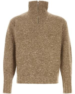 AURALEE Low-Gauge Homespun Tweed Knit Zip Turtle - Natural
