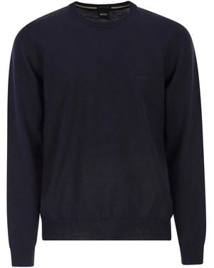 BOSS Regular Fit Virgin Wool Sweater With Embroidered Logo - Blue