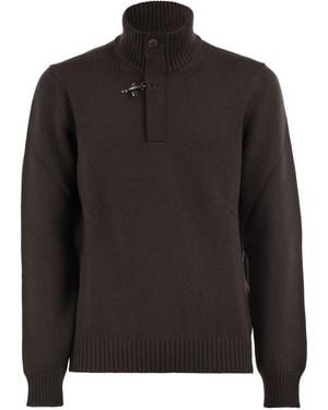 Fay Virgin Wool Sweater With High Neck And Hook Fastening - Black