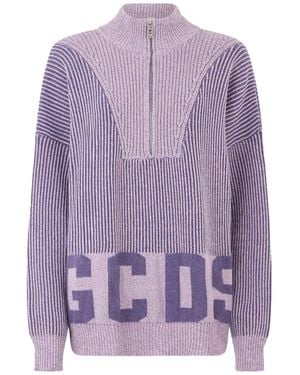 Gcds Ribbed Low Logo Half Zip Sweater - Purple