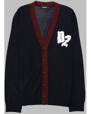 DSquared² Deep V-Neck Oversized Wool Cardigan With Contrasting Button Detail - Blue