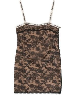 Saint Laurent Lace-Overlay Logo-Strap Mini Dress - Brown